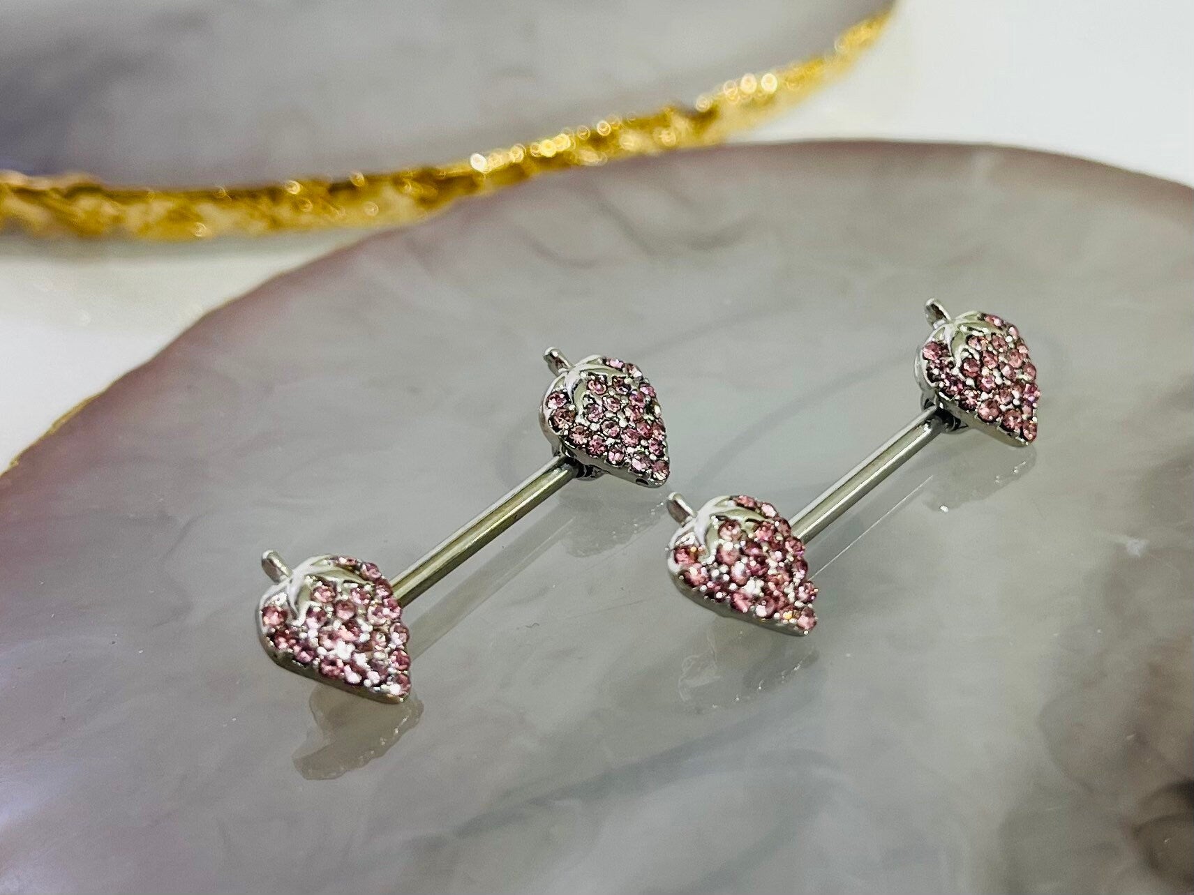 Pair of 14G Silver Pink Gems Strawberry Ends Nipple Barbell.