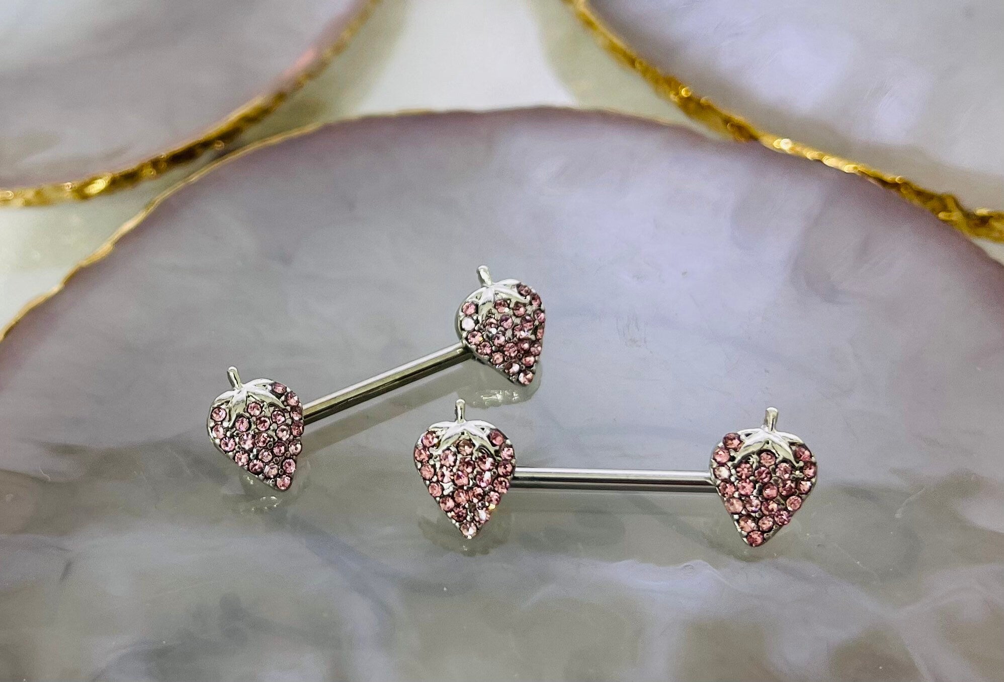 Pair of 14G Silver Pink Gems Strawberry Ends Nipple Barbell.