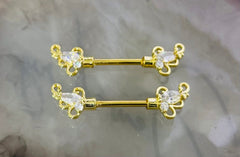 Pair of 14G Gold Sparkling Clear Gem Floral Ends Nipple Barbell