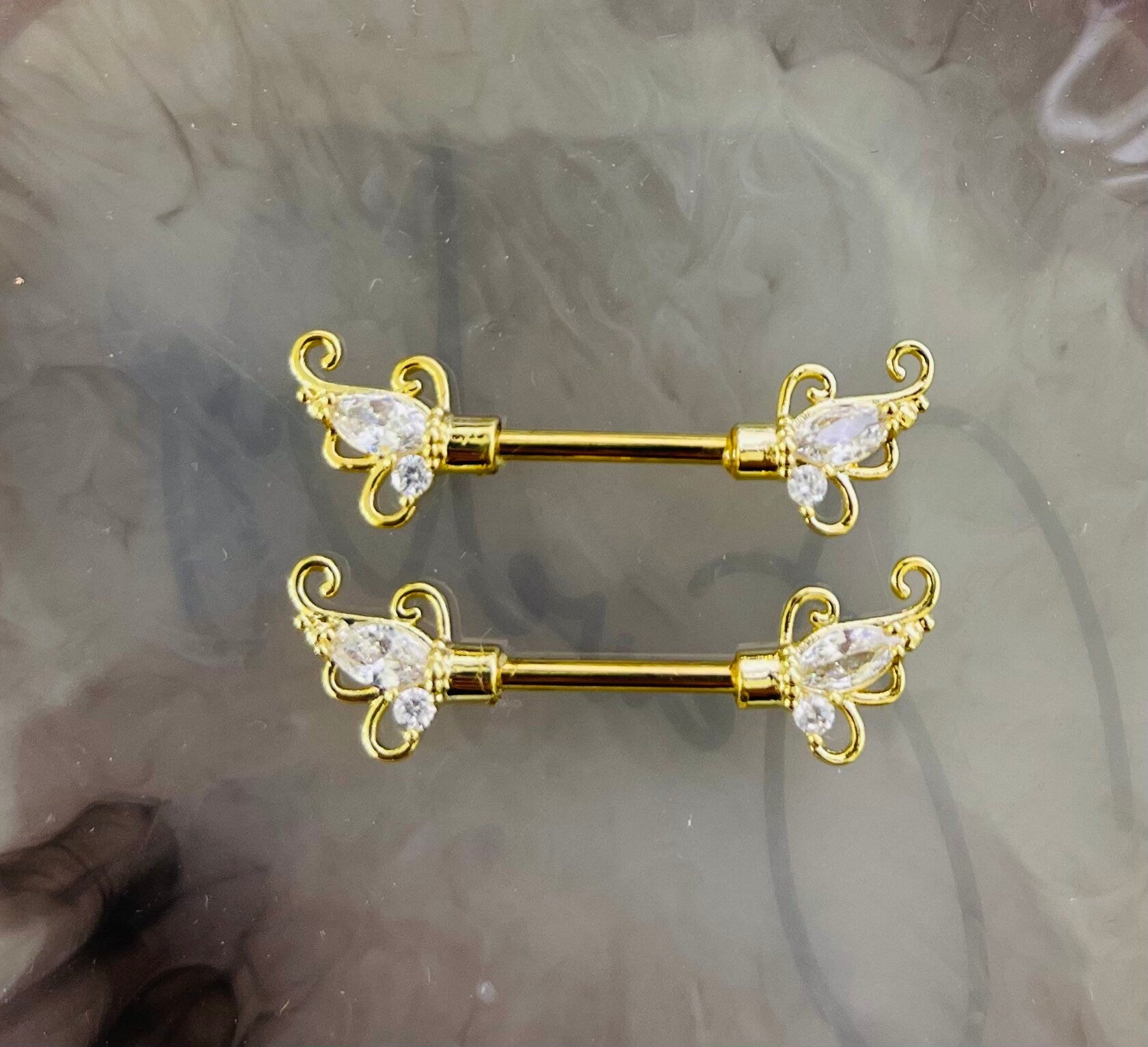 Pair of 14G Gold Sparkling Clear Gem Floral Ends Nipple Barbell