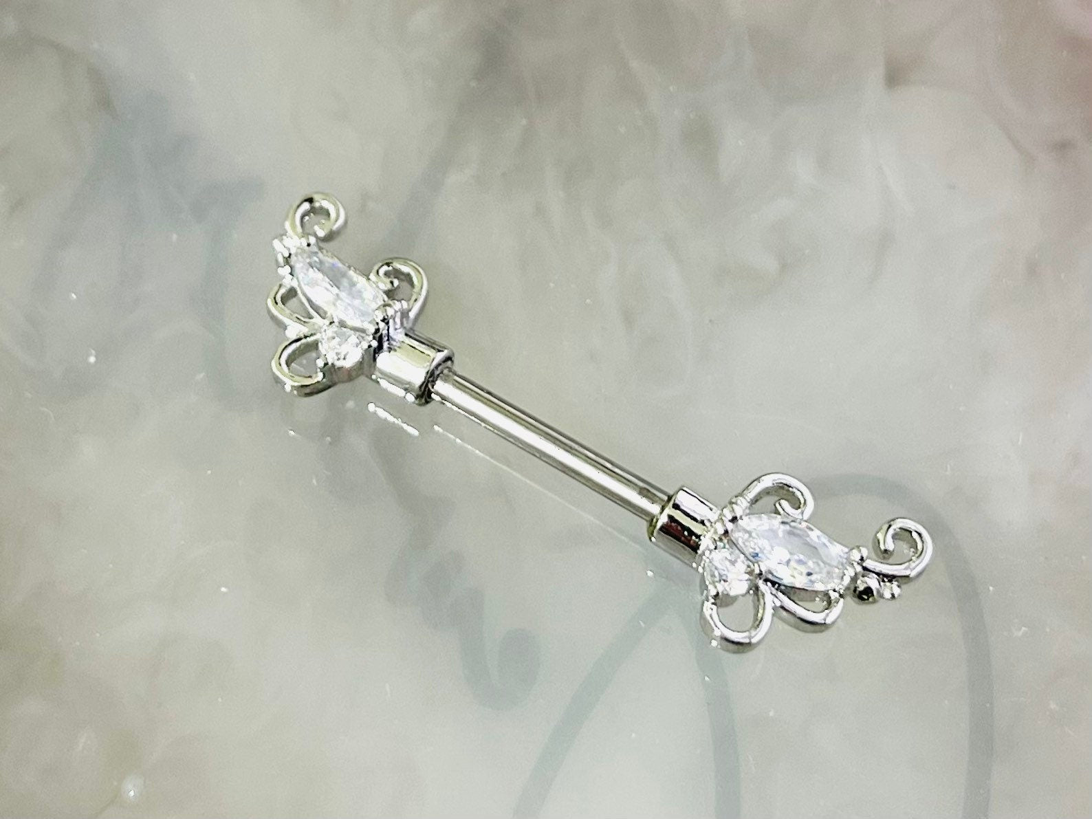 Pair of 14G Silver Sparkling Clear Gem Floral Ends Nipple Barbell