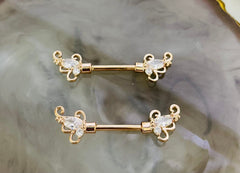 Pair of 14G Rose Gold Sparkling Clear Gem Floral Ends Nipple Barbell