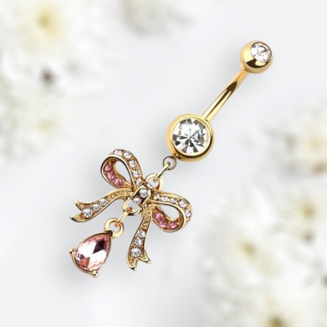 14G Gold Pink Ribbon with Dangling Teardrop Belly Button Ring