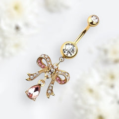 14G Gold Pink Ribbon with Dangling Teardrop Belly Button Ring