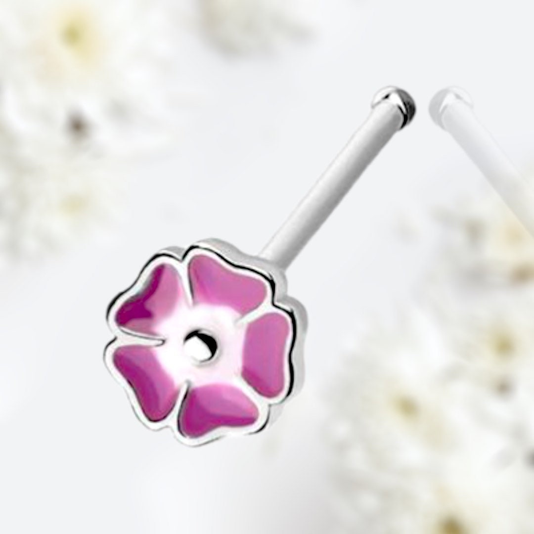 20G Silver Pink Enamel Flower Top Nose Stud. Nose Bone. Nose Piercing.