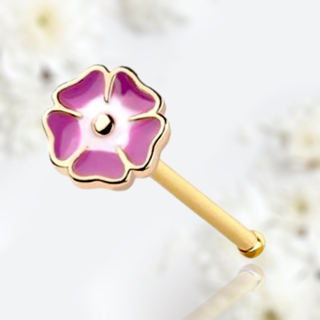 20G Gold Pink Enamel Flower Top Nose Stud. Nose Bone. Nose Piercing.