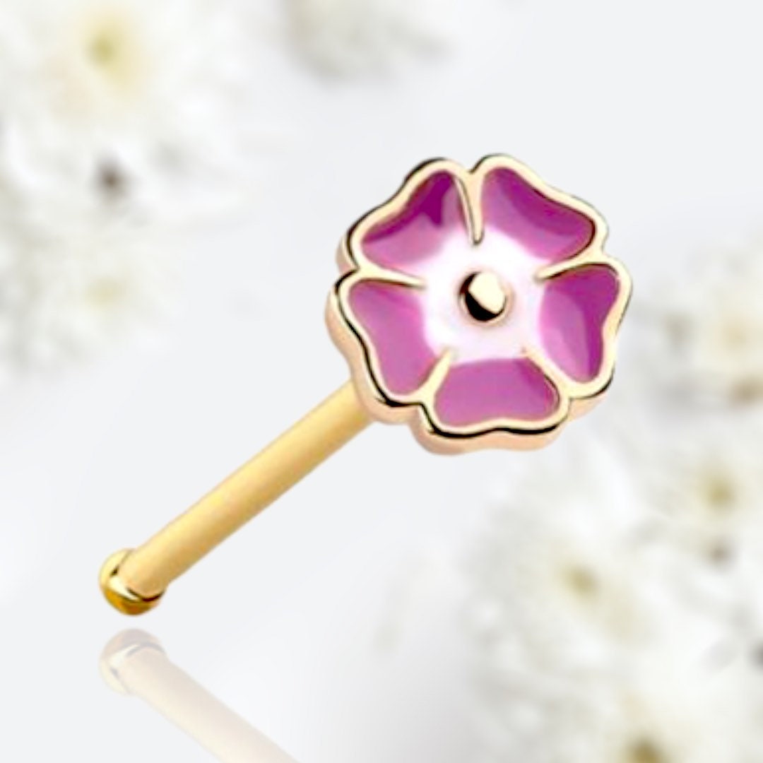 20G Gold Pink Enamel Flower Top Nose Stud. Nose Bone. Nose Piercing.