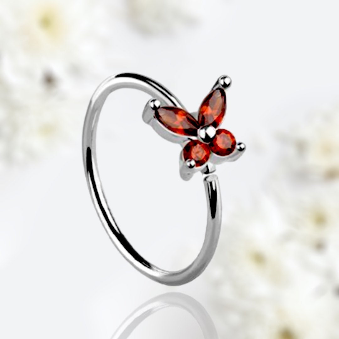 20G Silver Red Gems Butterfly Top Bendable Nose Hoop. Cartilage Hoop. Nose Ring. Nose Piercing.