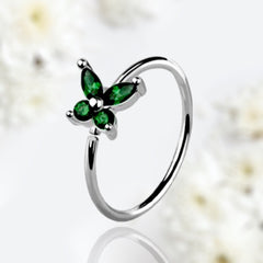 20G Silver Green Gems Butterfly Top Bendable Nose Hoop. Cartilage Hoop. Nose Ring. Nose Piercing.