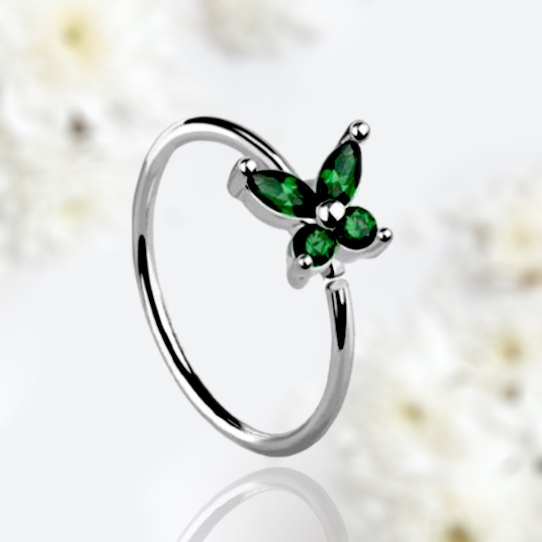 20G Silver Green Gems Butterfly Top Bendable Nose Hoop. Cartilage Hoop. Nose Ring. Nose Piercing.