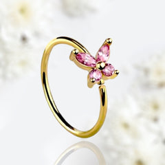 20G Gold Pink Gems Butterfly Top Bendable Nose Hoop. Cartilage Hoop. Nose Ring. Nose Piercing.