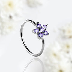 20G Silver Purple Gems Flower Top Bendable Nose Hoop. Cartilage Hoop. Nose Ring. Nose Piercing.