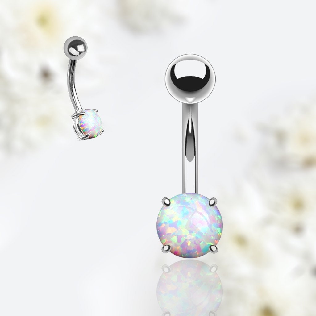 14G Silver Minimalist Dainty White Opal Belly Button Ring