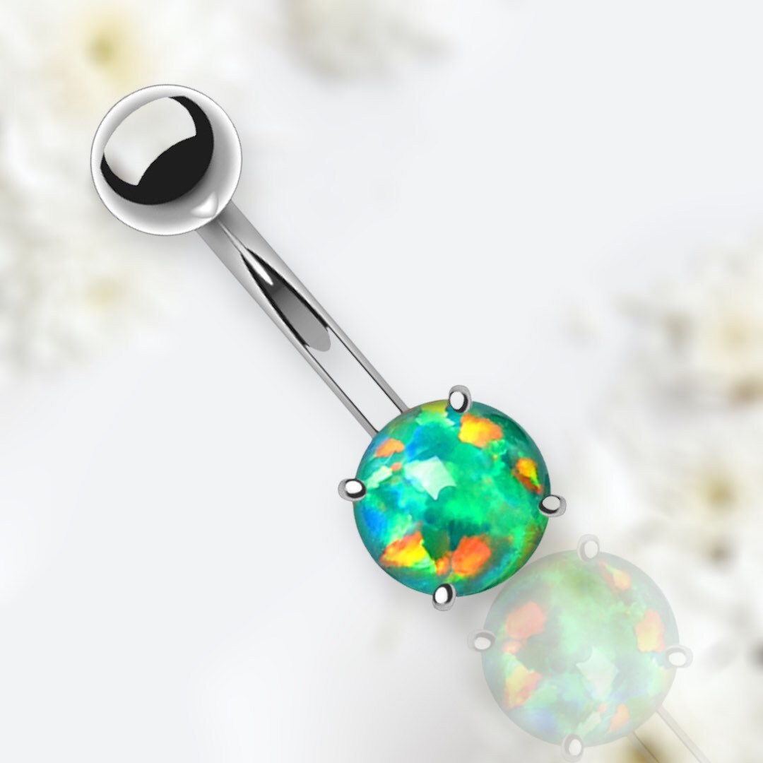 14G Silver Minimalist Dainty Green Opal Belly Button Ring