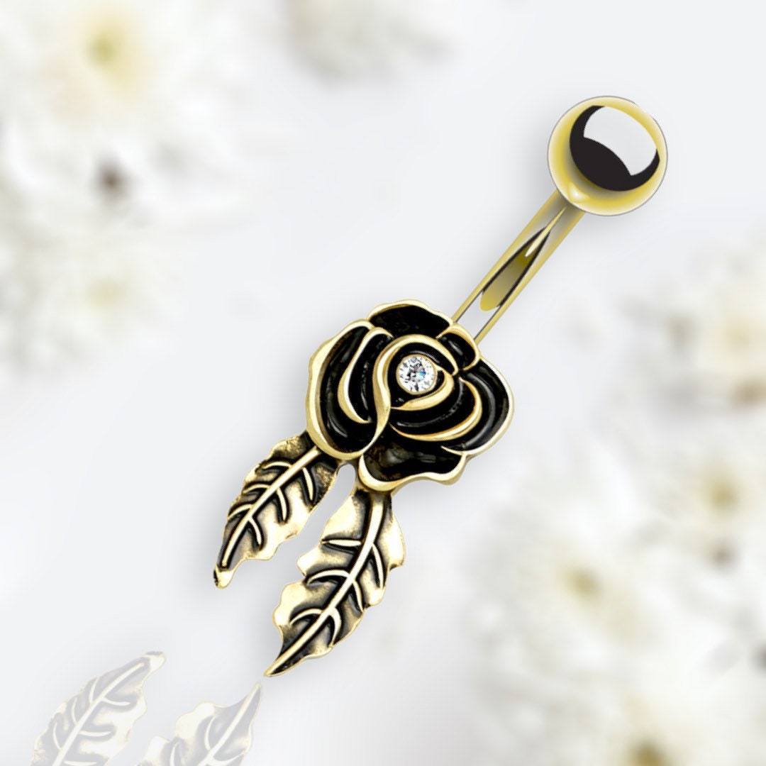 14G Gold Clear Gem Centered Rose with Leaflets Belly Button Ring. Belly Ring. Navel Ring.