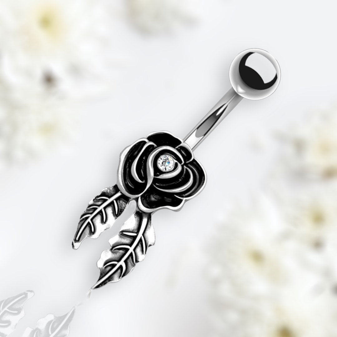 14G Silver Rose Belly Button Ring. Belly Ring. Navel Ring.