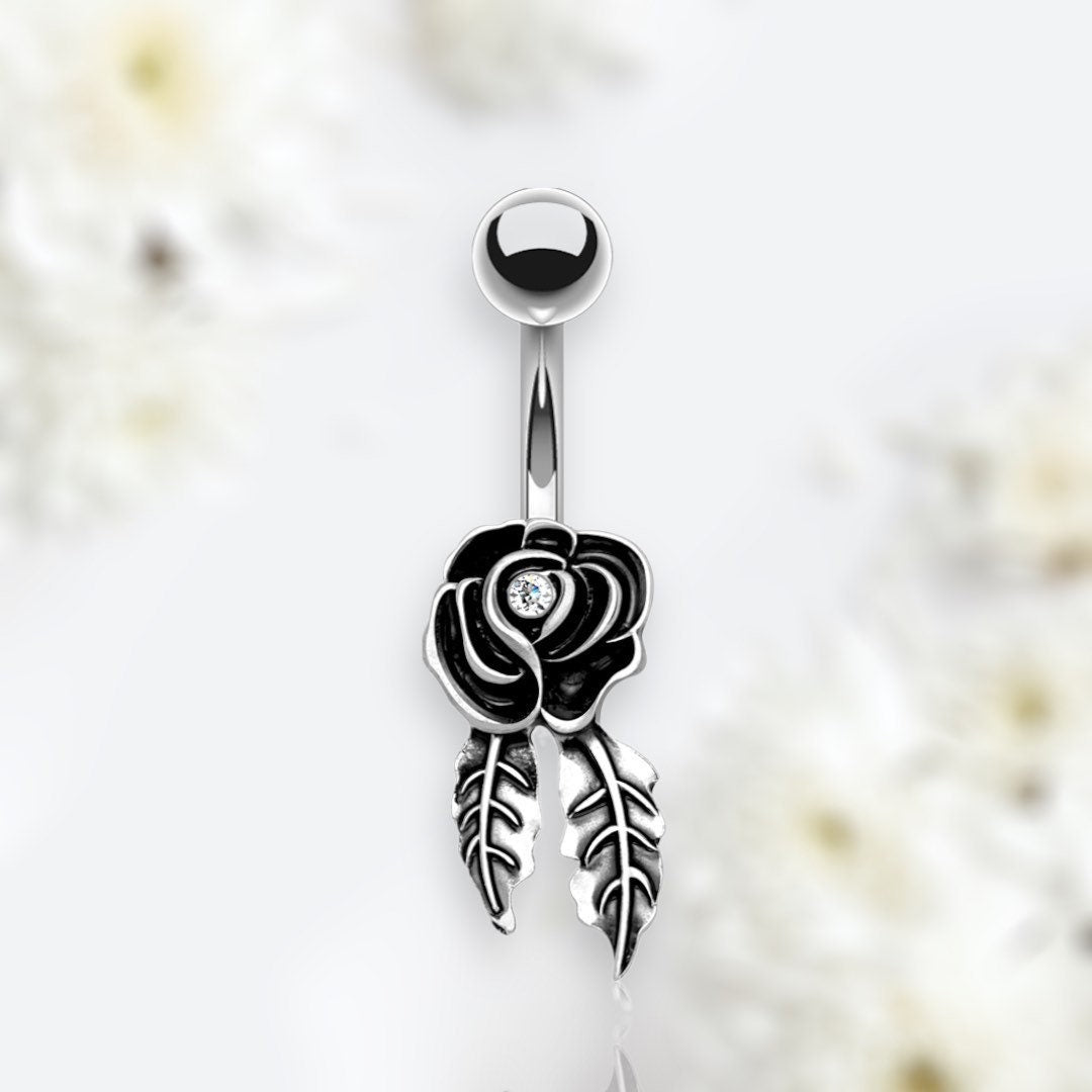 14G Silver Rose Belly Button Ring. Belly Ring. Navel Ring.