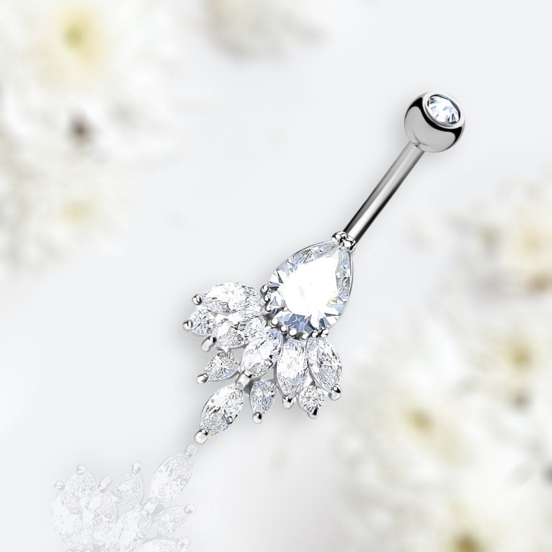 14G Silver Teardrop and Sparkling Marquise Gems Belly Button Ring