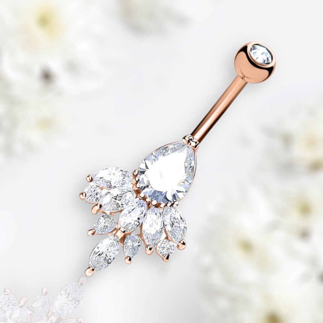 14G Rose Gold Teardrop and Sparkling Marquise Gems Belly Button Ring