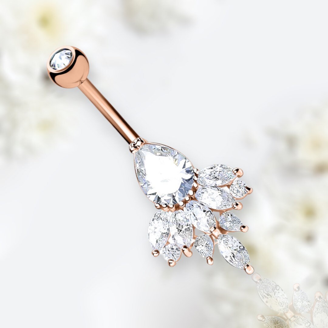 14G Rose Gold Teardrop and Sparkling Marquise Gems Belly Button Ring