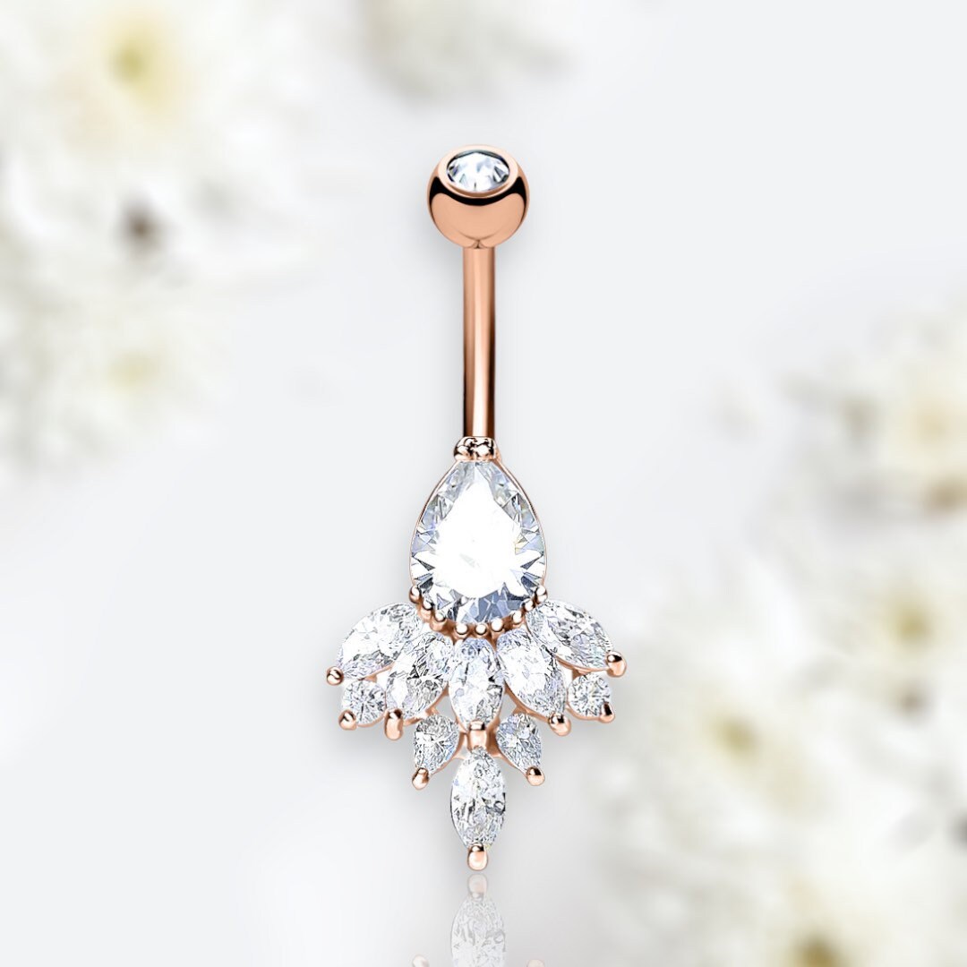 14G Rose Gold Teardrop and Sparkling Marquise Gems Belly Button Ring