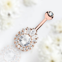 14G Rose Gold Round Center Gem and Square Gems Belly Button Ring