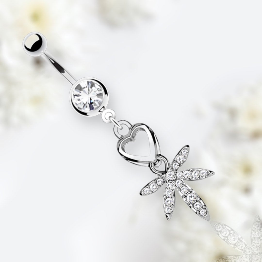 14G Silver Dangling Heart and Clear Gem Marijuana Leaf Belly Button Ring