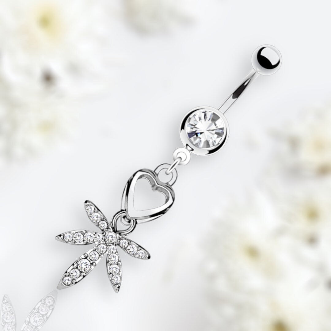 14G Silver Dangling Heart and Clear Gem Marijuana Leaf Belly Button Ring