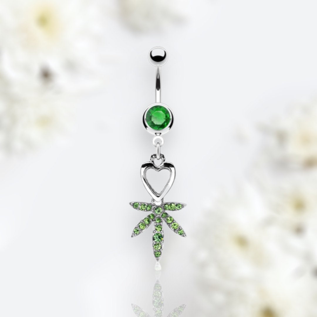 14G Silver Dangling Heart and Green Gems Marijuana Leaf Belly Button Ring