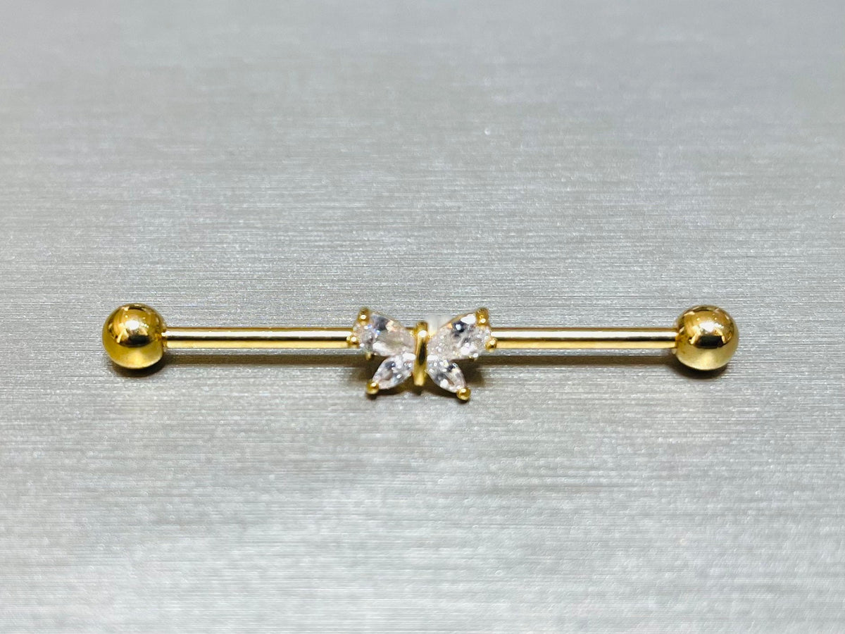 14G Gold Sparkling Stone Butterfly 38MM Length Industrial Barbell. Industrial Piercing. Body Jewelry. Ear Piercing. Ear Barbell.