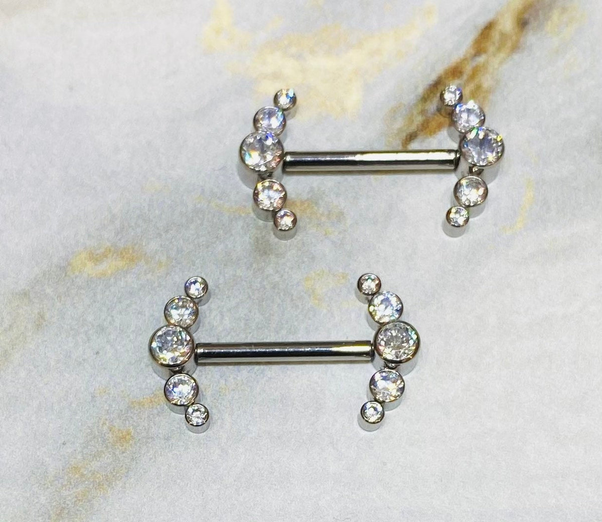 Pair of Implant Grade Titanium Internally Threaded Clear Sparkling Stones Nipple Barbells. Nipple Piercing. Nipple Jewelry.