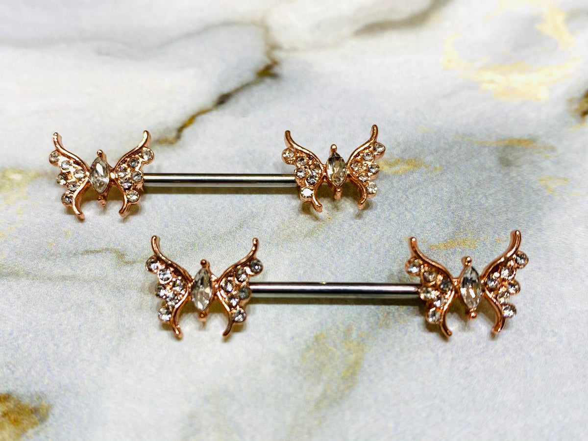 14G Rose Gold Butterfly with Marquise Center Stone Nipple Barbells. Nipple Piercings. Nipple Rings. Nipple Jewelry