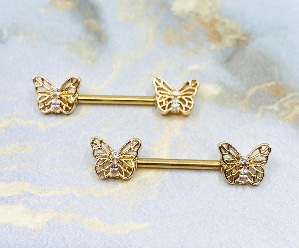 Pair of 14G Gold Butterly Ends with Clear Sparkling Stones Nipple Barbell. Nipple Rings. Nipple Piercing. Nipple Jewelry. Body Jewelry.