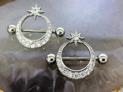 Pair of 14G Surgical Steel Silver Clear Stone Moon Starburst Design Nipple Shield. Nipple Rings. Nipple Piercing.