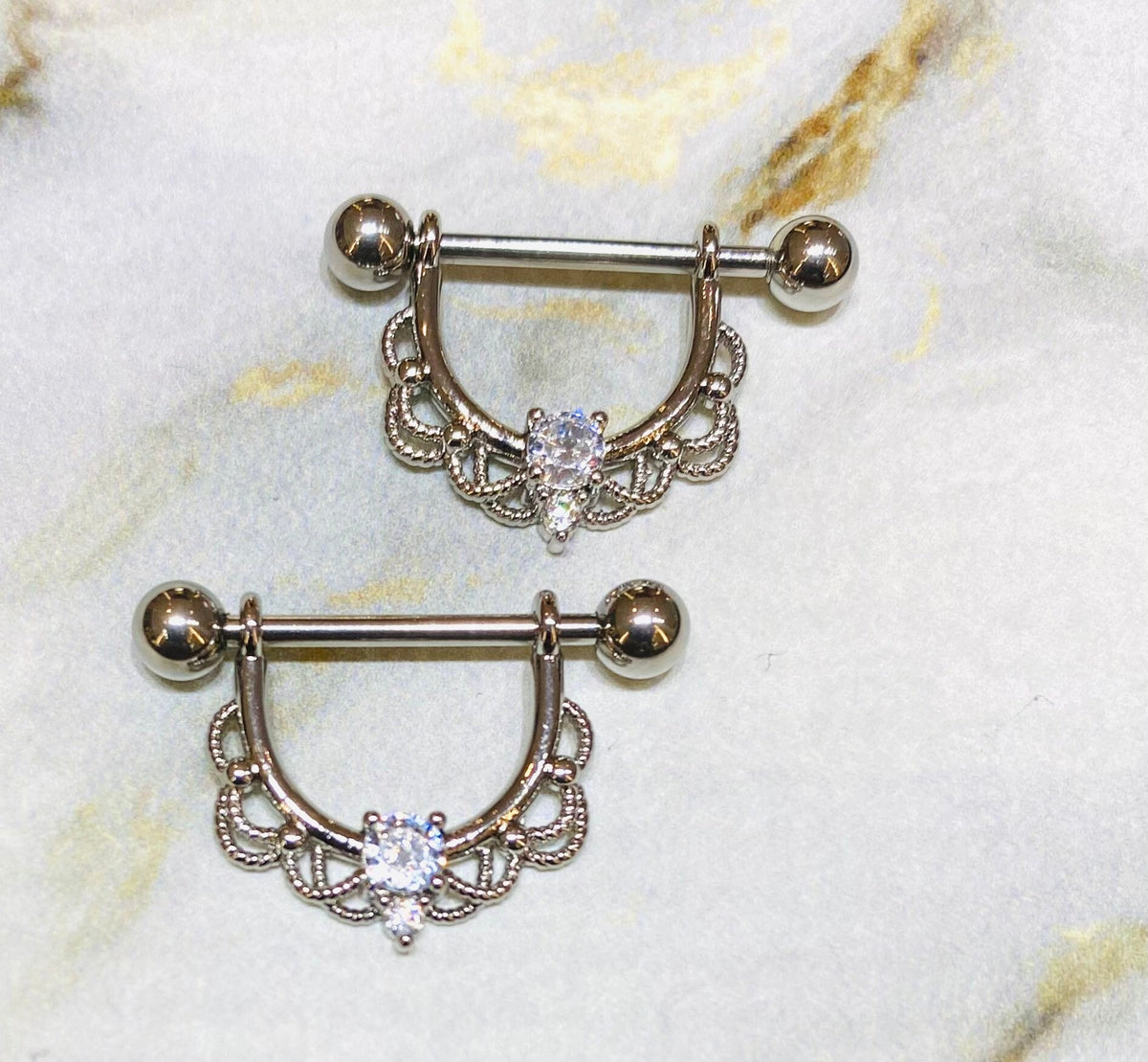 Pair of 14G Silver Round Center Stone Dangling Nipple Barbells. Nipple Piercing. Nipple Rings. Nipple Jewelry