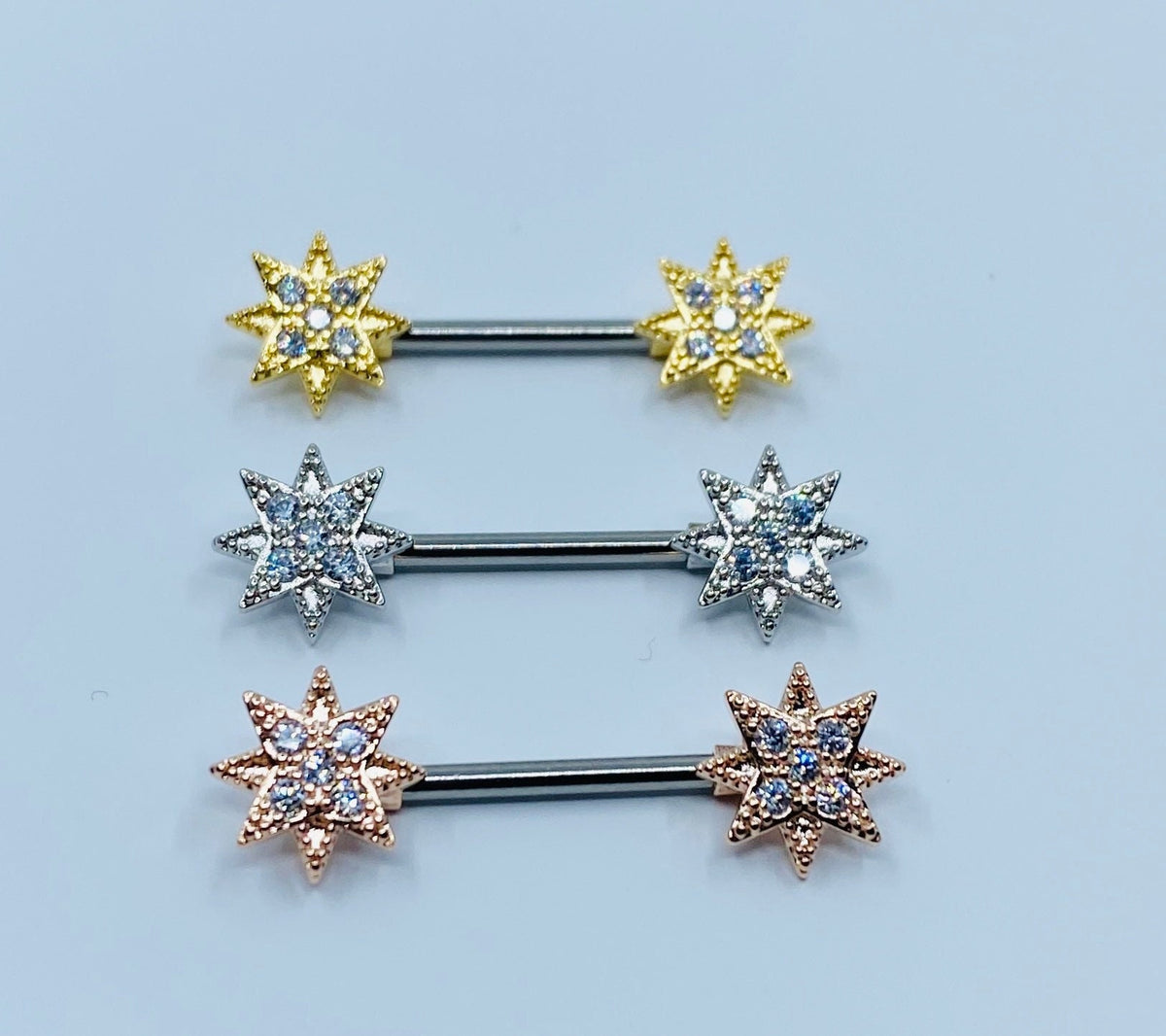 14G Clear Stones Starburst Ends Nipple Barbells. Nipple Piercings. Nipple Jewelry. Nipple Rings.