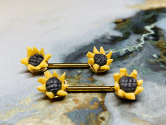 A set of Springtime Sunflowers Nipple Barbells. Nipple Piercings. Nipple Jewelry. Nipple bars.