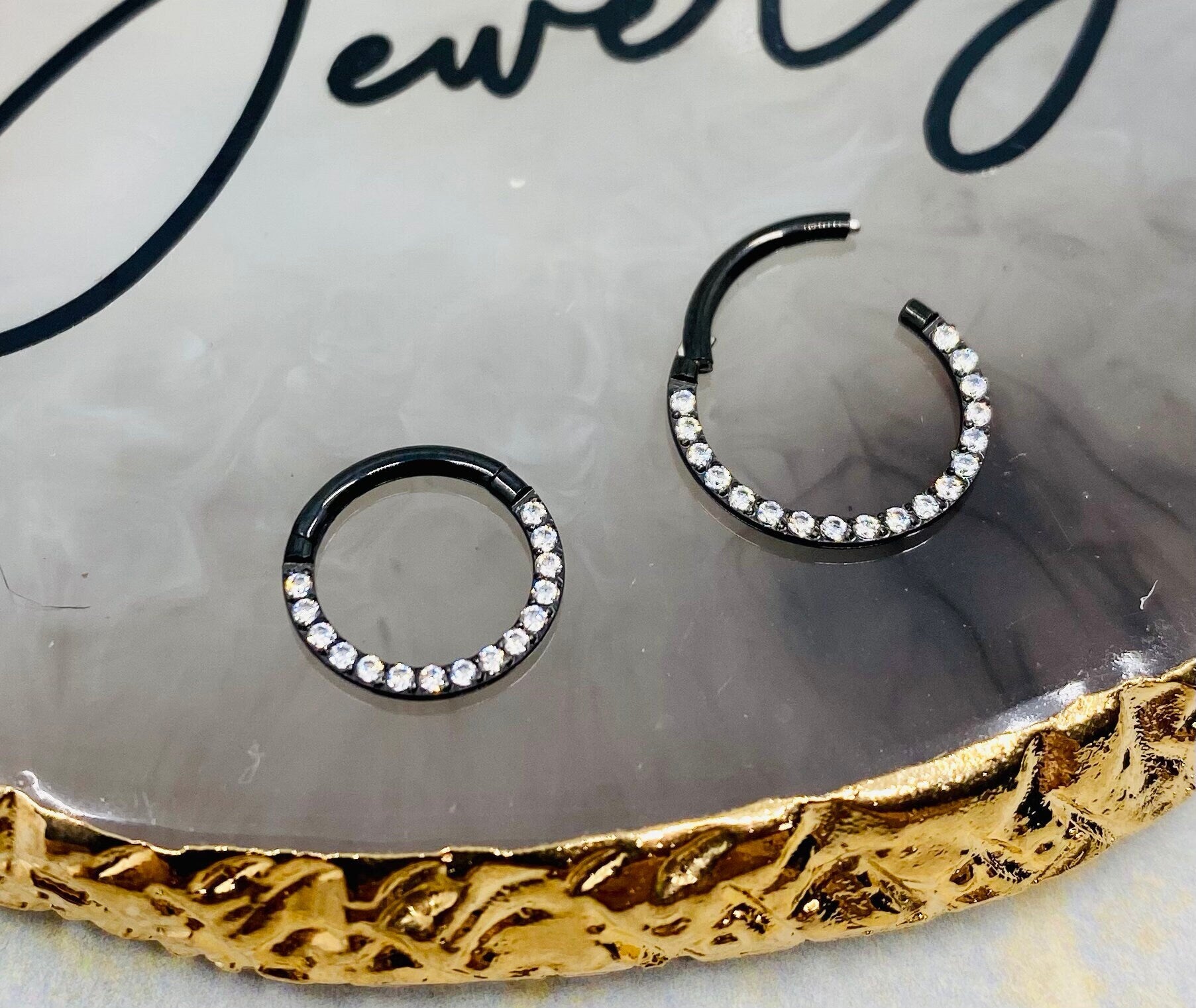 18G & 16G Black Clear Gems Hinged Septum Clicker Ring. Septum Ring. Septum Piercing. Cartilage Ring