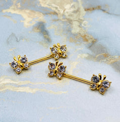 14G Gold Butterfly with Clear Cubic Zircon Nipple Barbells. Nipple Rings. Nipple Piercing. Body Jewelry.