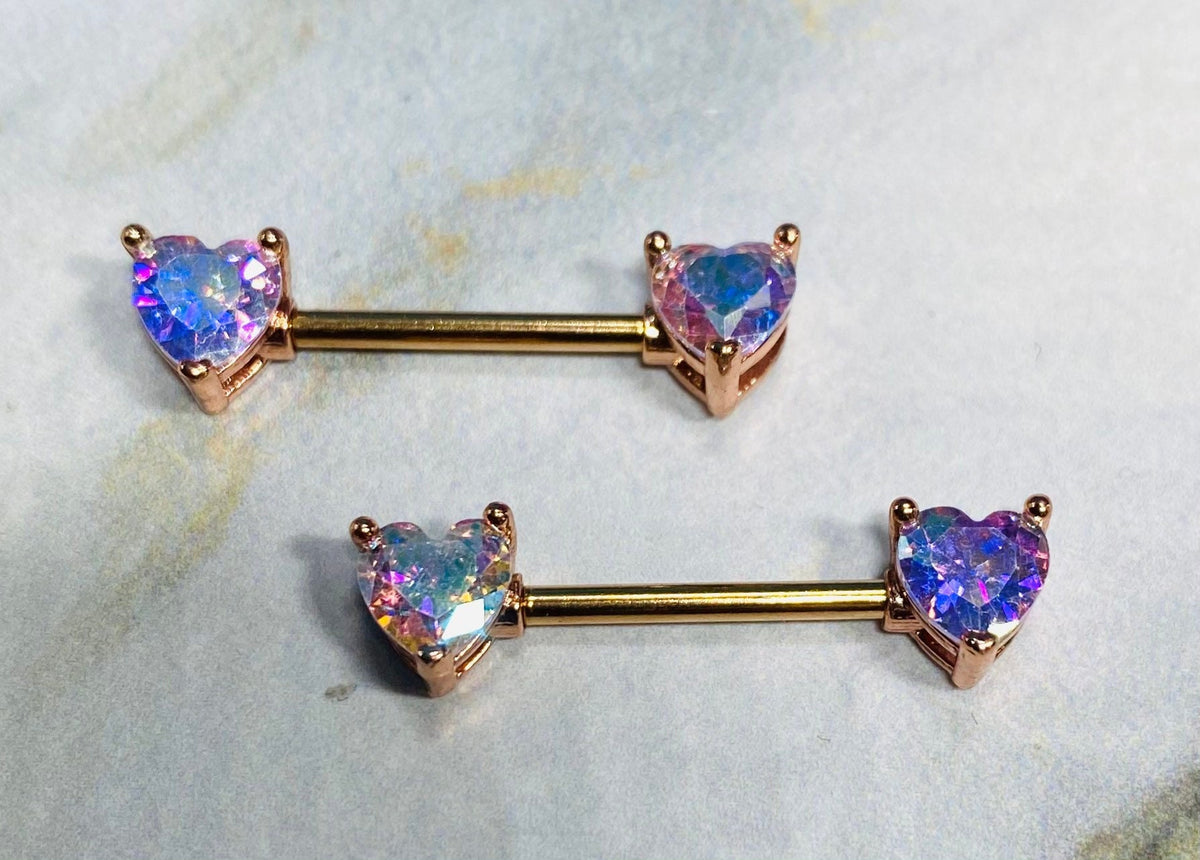 14G Prong Set Rose Gold Heart Shape Multicolor Stones Nipple Barbells. Nipple Piercings. Nipple Rings. Nipple Jewelry