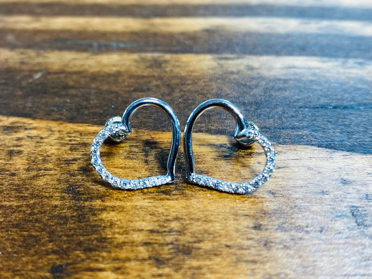 14K Real White Gold Dainty Heart Screw Back Earrings