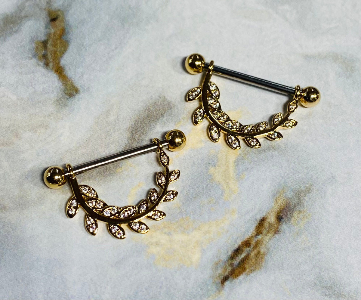 14G Gold Sparkling Paved Stone Hanging Leaves Nipple Barbells. Nipple Piercings. Nipple Jewelry. Nipple Rings.