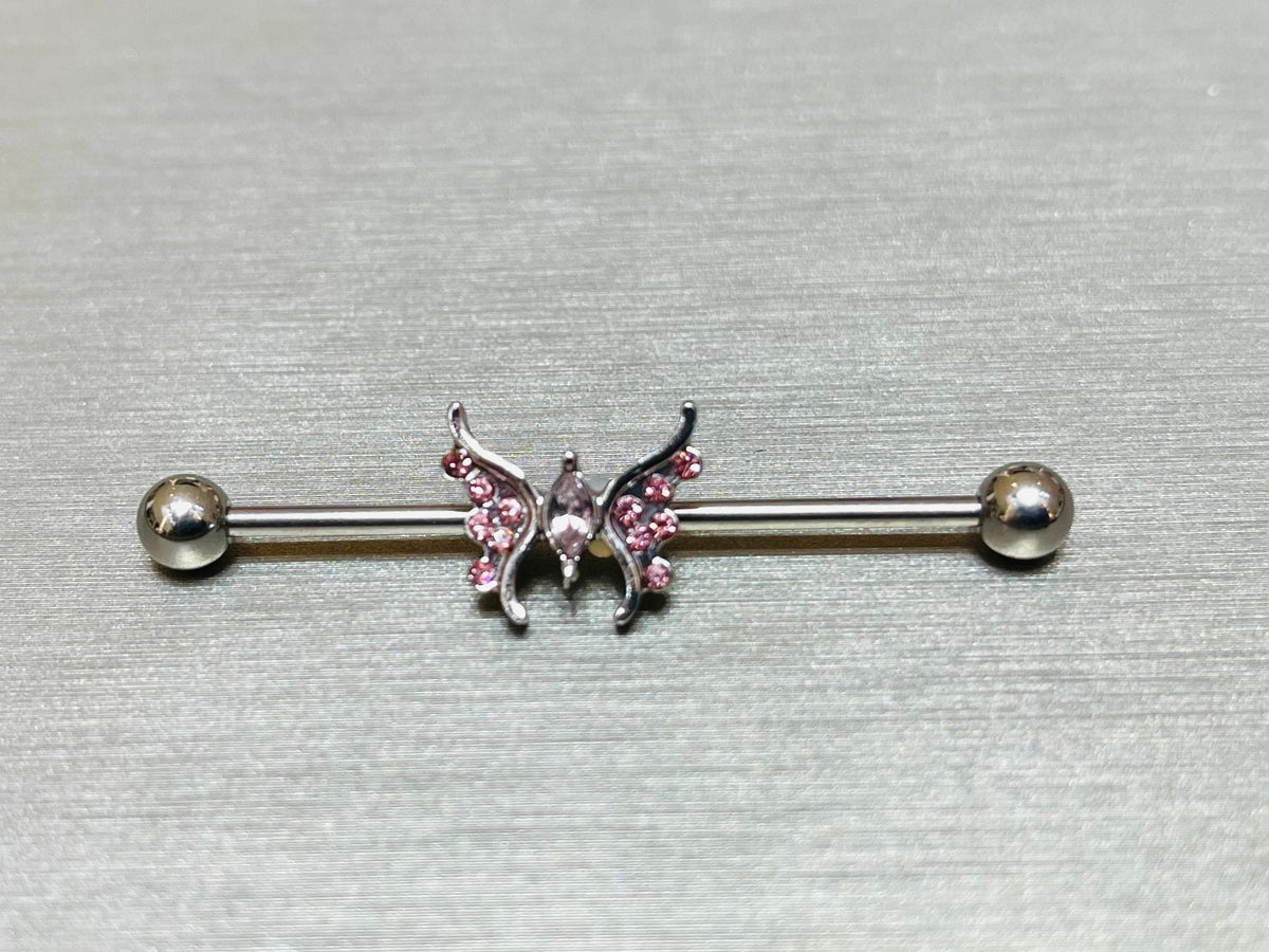 14G Pink Sparkling Marquise Crystal Center Butterfly Industrial Barbell. Industrial Piercing. Ear Piercing. Body Jewelry.