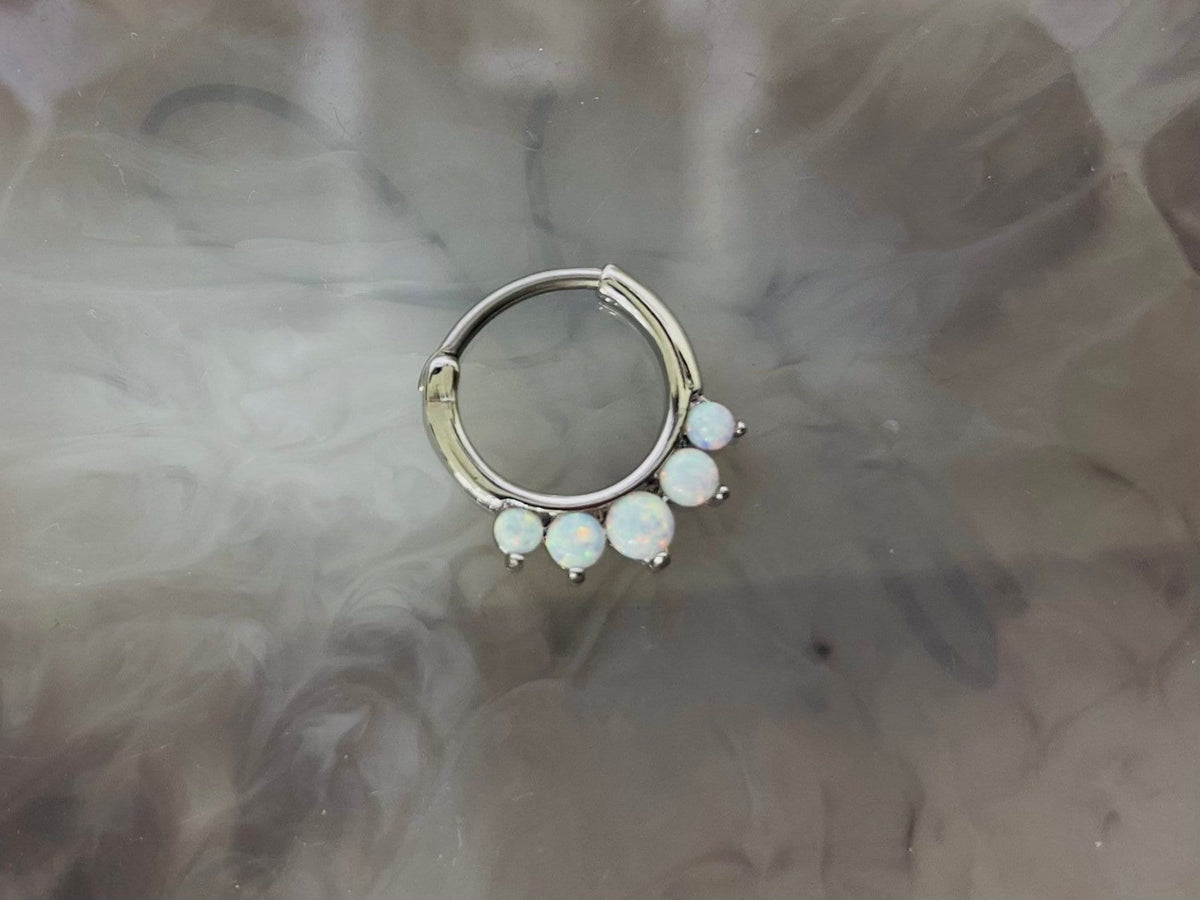 16G Silver Round White Opal Center Hinged Septum Clicker Ring