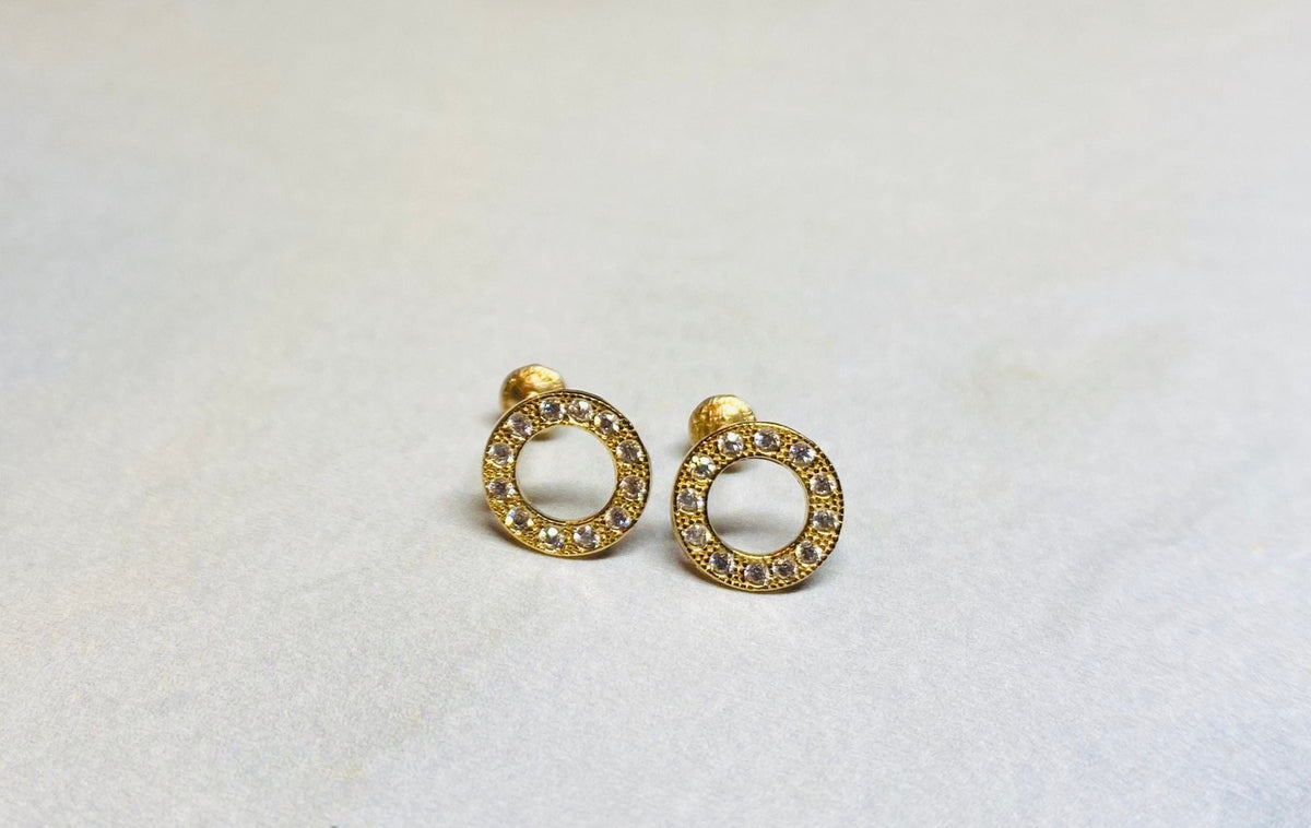 14K Real Gold Dainty Circle with Clear Stones Screw Back Earrings. 14K Gold. 14K Gold Earrings.