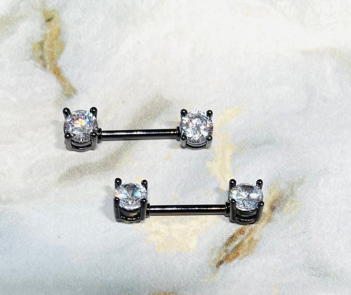 Pair of 14G Prong Set Black with Sparkling 6mm Clear Gem Ends Nipple Barbells. Nipple Rings. Nipple Piercing. Nipple Jewelry