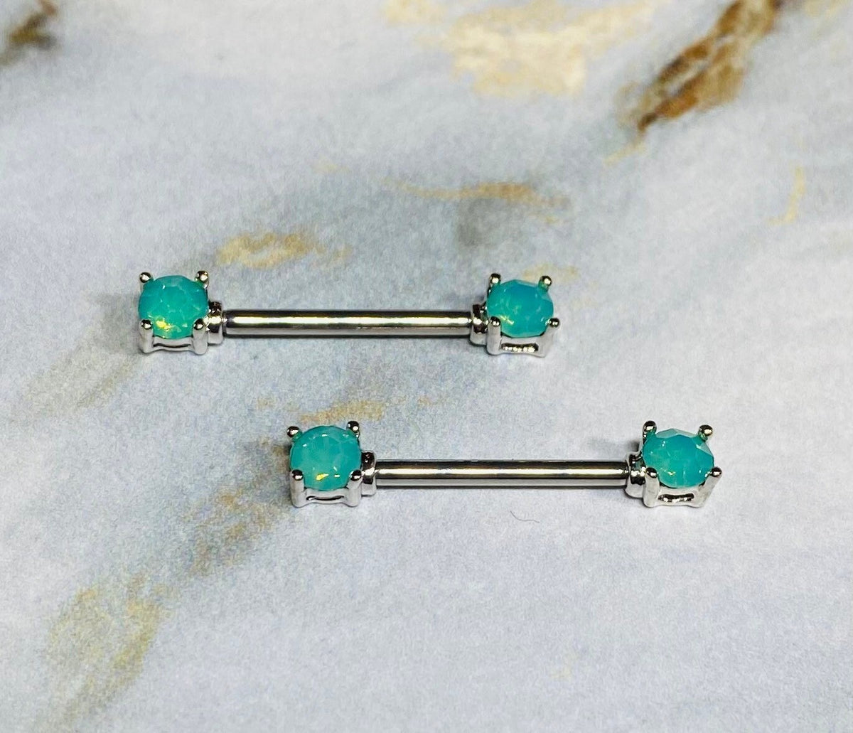 Pair of 14G Silver Pacific Opal Gem Nipple Barbells. Nipple Piercings. Nipple Rings. Nipple Jewelry