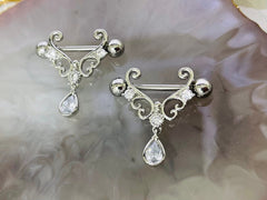 Pair of 14G Silver Heart Filigree with Dangling Teardrop Nipple Barbell.