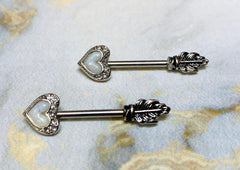 14G White Opal Glitter Heart Arrow with Feather End Nipple Barbell. Nipple Piercings. Nipple Rings. Nipple Jewelry