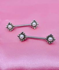 A Set of 14g Silver Sun Rays with Pearl Centered Stone Nipple Barbells. Nipple Jewelry. Nipple Piercing.